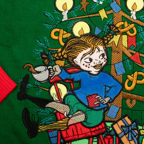 Närbild på den stickade jultröjan med Pippi Långstrump framför en julgran med tända ljus och paket, Svenskhusman.