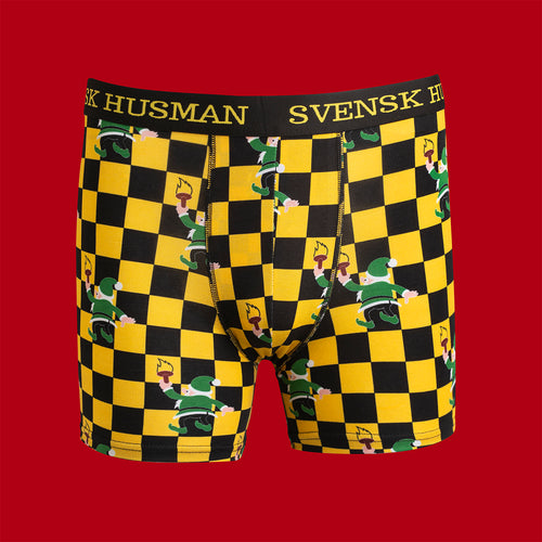 Gul- och svartrutiga boxerkalsonger med tomtar och motivet Sån där färg från Svenskhusman.