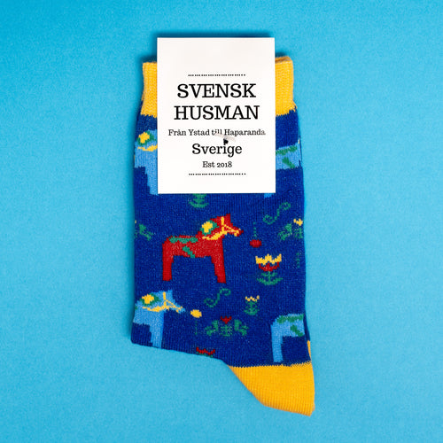 Barnstrumpor Dalahäst-Blå - Svenskhusman