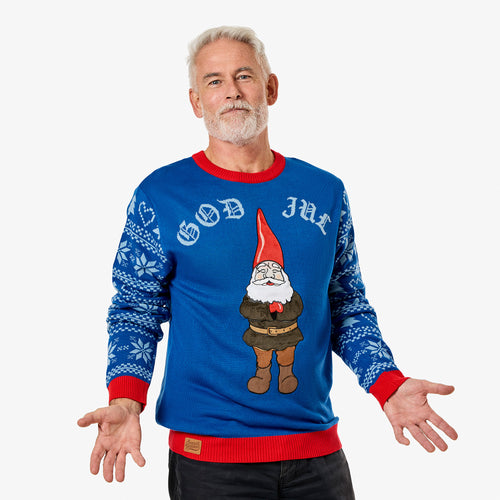 Blå jultröja för herr med hustomte-motiv och God Jul-text från Svensk Husman.