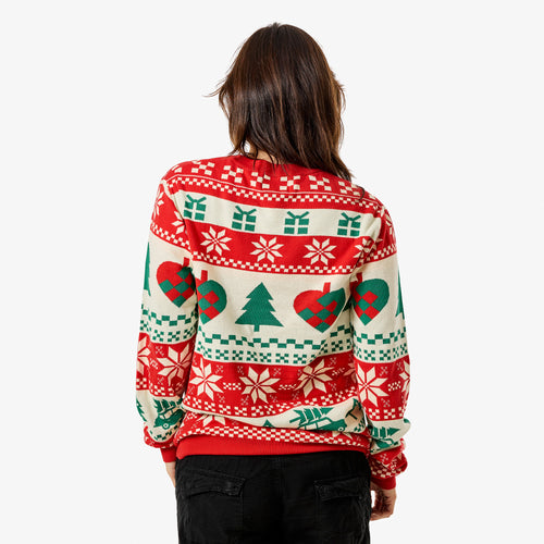Röd och offwhite damjultröja med julgransmönster bakifrån från Svenskhusman.