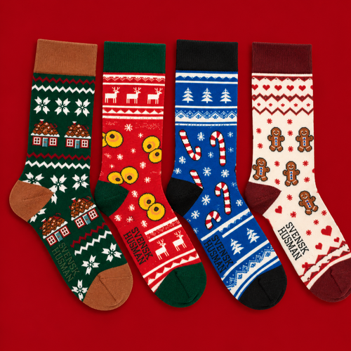 4-pack ull-retro julsockor med färgglada skandinaviska julmönster från Svenskhusman.