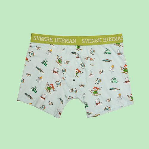 Ljusblå boxerkalsonger med motiv av Findus på skidor och grön resår från Svenskhusman.