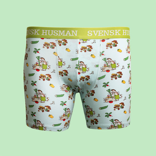 Ljusblå boxerkalsonger i bomull med mönster av Findus Grönsakssoppa från Svenskhusman