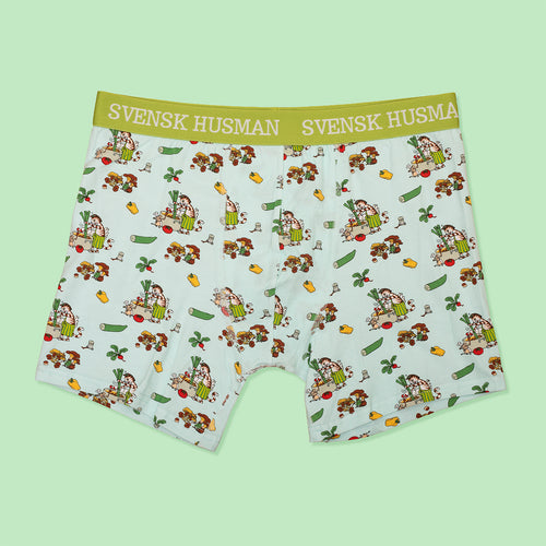 Mintgröna boxerkalsonger med Findus-mönster och grönsakssoppa från Svenskhusman.