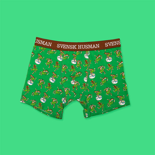 Gröna boxerkalsonger i bomull med mönster av Findus som vispar och brun resår från Svenskhusman.