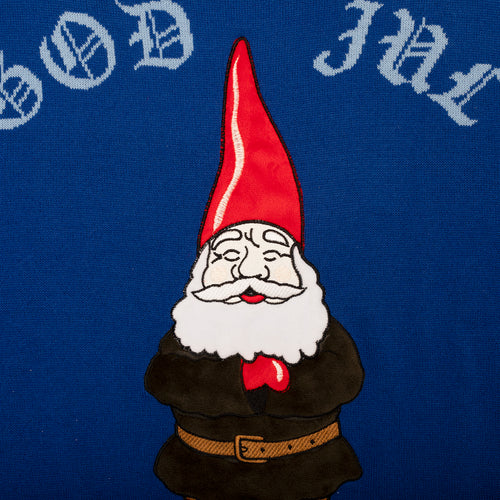 Blau stickad jultröja med hustomte-Motiv och weiß God Jul-text från Schwedischhusman.
