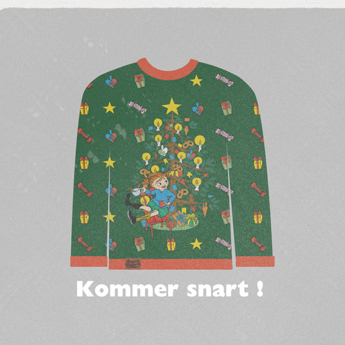 Grön stickad jultröja med mönster av Pippi Långstrump och en julgran för dam från Svenskhusman.