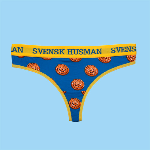 Blue thong-style panties with a cinnamon bun pattern and yellow elastic waistband by Svenskhusman.