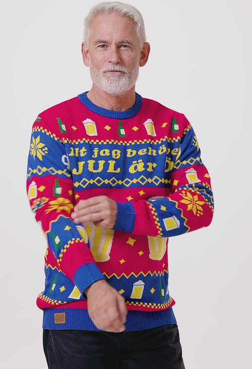 Man i röd och blå stickad jultröja med julöl-motiv och texten Allt jag behöver i JUL är ÖL från Svenskhusman.